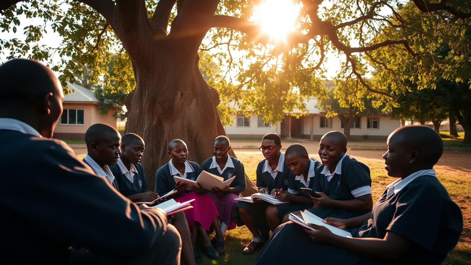 Students discussing in groups under a tree