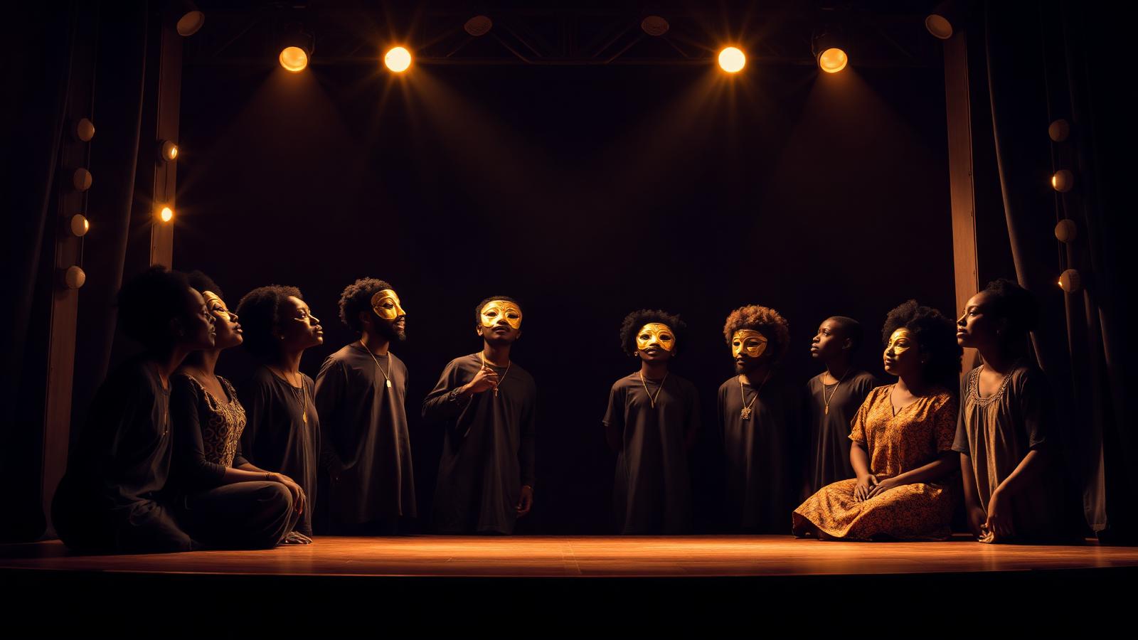 Students performing a play on a lit theatre stage