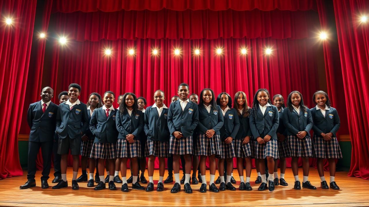 Boys and girls students together on a theatre stage with red curtains